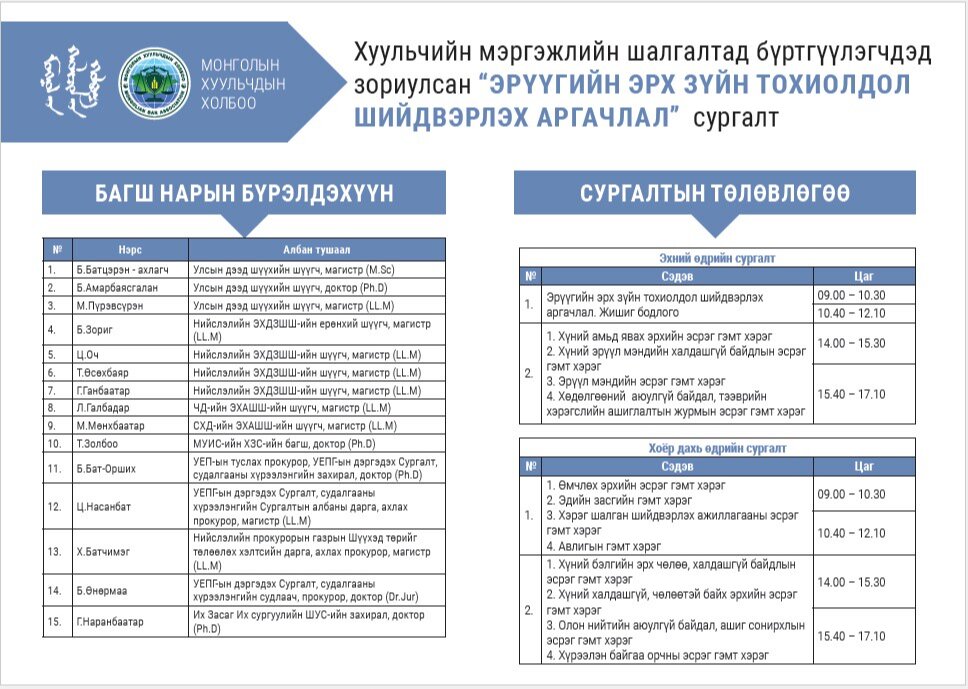 ЭРҮҮГИЙН ЭРХ ЗҮЙН БОДЛОГО БОДОХ АРГАЧЛАЛЫН 08 САРЫН 14,15-НЫ ӨДРИЙН  СУРГАЛТЫН БҮРТГЭЛ ХААГДАХАД 2 ХОНОГ ҮЛДЛЭЭ